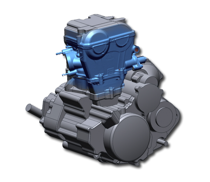 3D Scan data and overlaid on completed CAD model of motorcycle engine