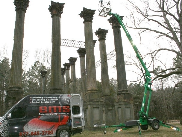 With the columns exceeding 44 feet, EMS used a lift to 3D scan the intricacy of column capitals.